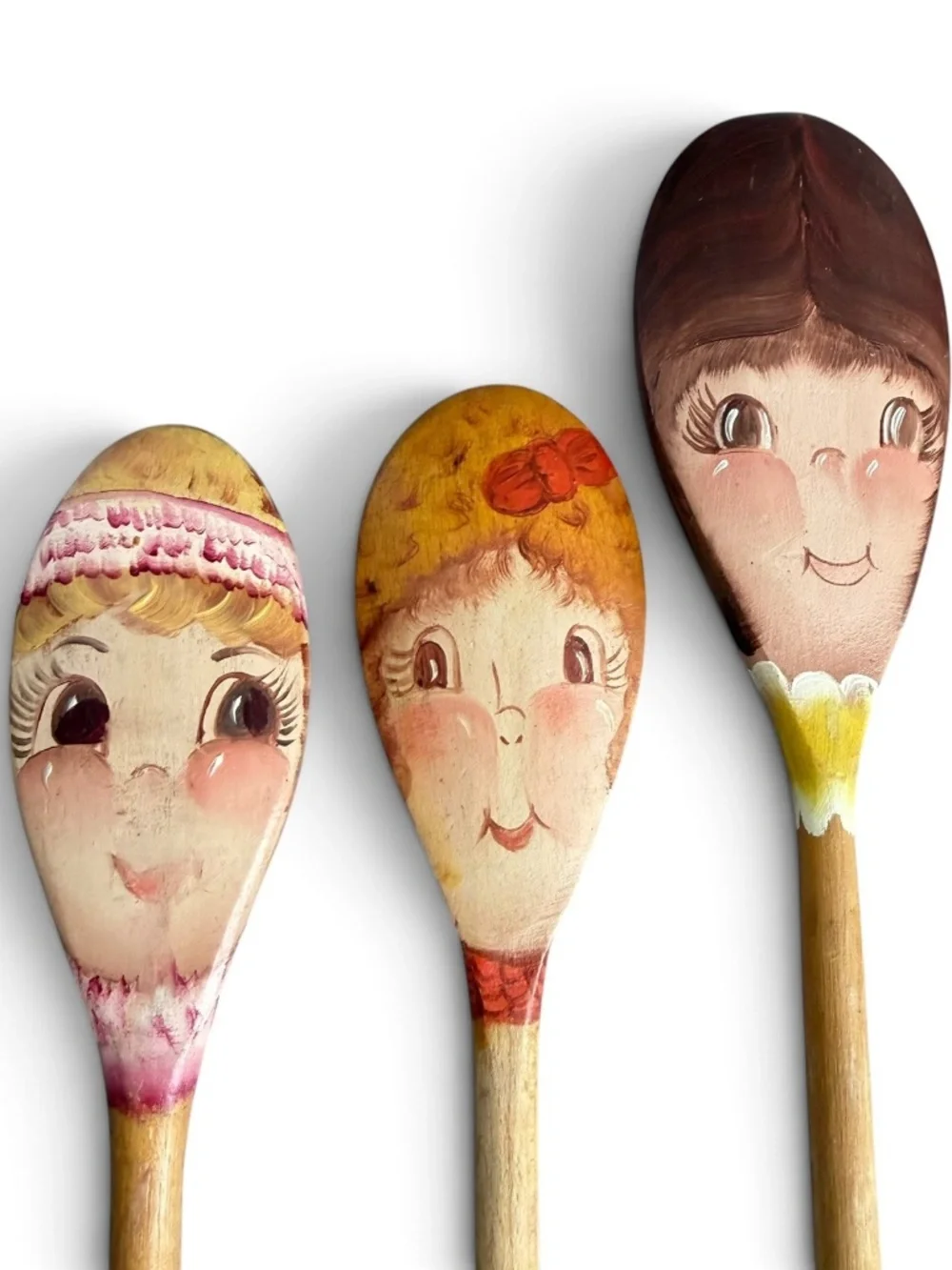 Vintage Set of 5 Hand Painted Wooden Spoons Folk Art Whimsical Character Faces